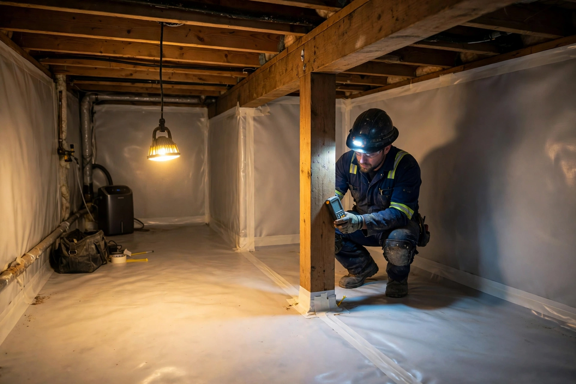 Encapsulated crawl space with white vapor barrier