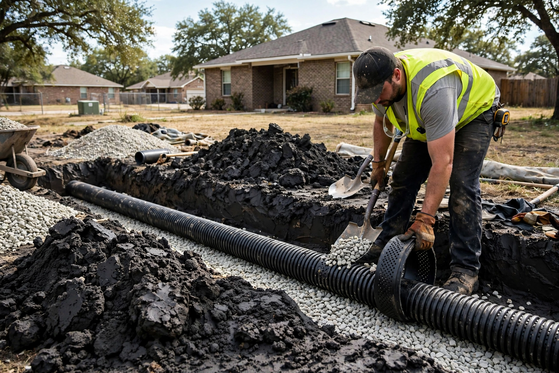 French drain trench with gravel and pipe