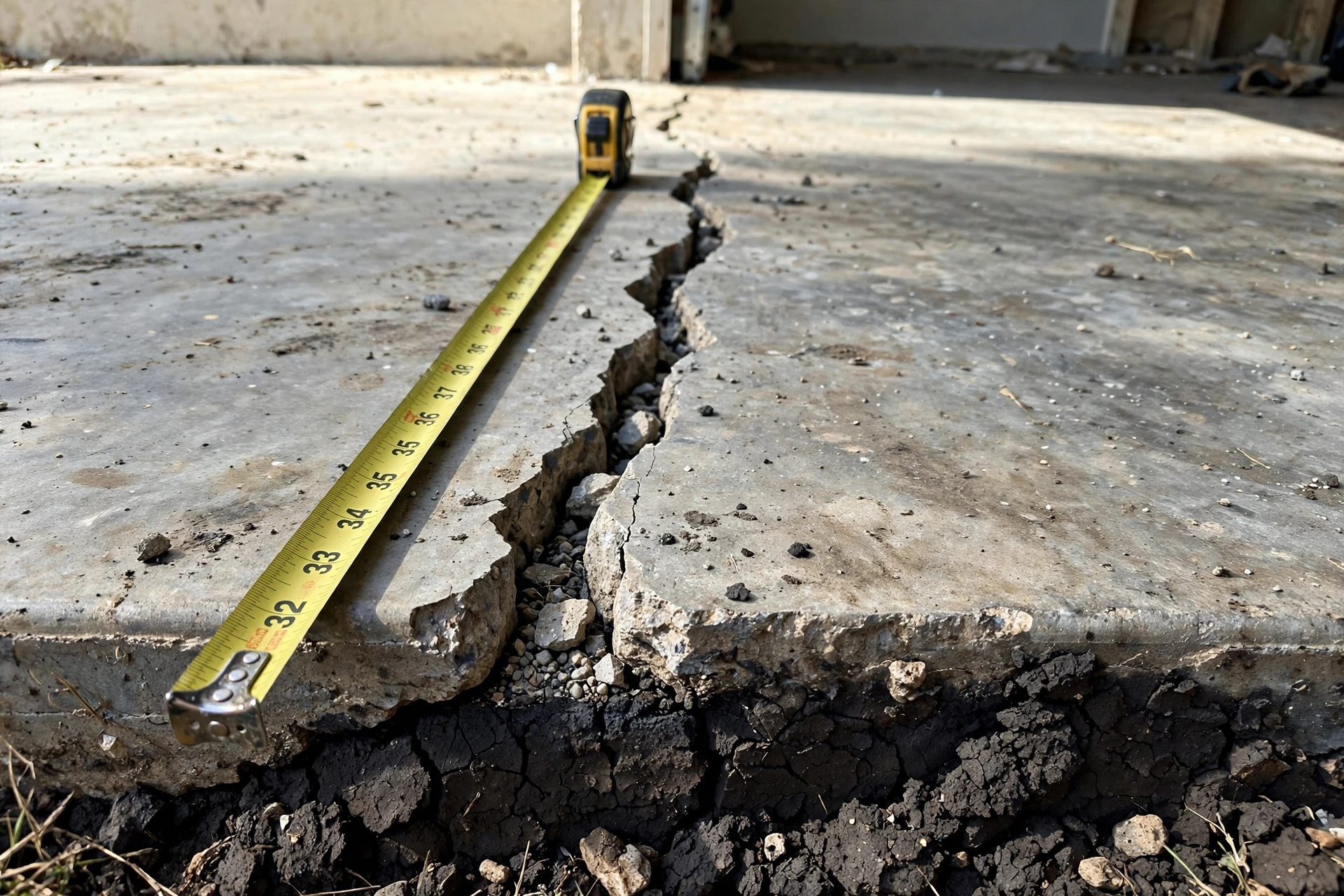 Cracked concrete slab with a tape measure beside it
